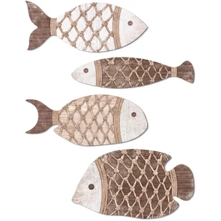 4 Stück Holz Fisch Wanddeko Set, Maritime Deko Wandornamente Küstenstil | Maritime Wanddeko Holz Fisch Figuren, Wanddekoration für Bad Wohnzimmer Flur Schlafzimmer, Küsten Deko Wand Set