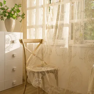 Sutuo Home Beige Spitzen-Vorhänge, 2er-Set, durchscheinende Paneele, 160 cm Länge, Rosenblumenstickerei, Vintage, Voile, Fensterbehandlung, Paar für Schlafzimmer, Wohnzimmer, Shabby Chic-Dekor,