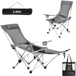 VERTOYCO Campingstuhl Faltbar 2-in-1, Klappbarer Angelstuhl bis 120kg Belastbar, Strandstuhl mit 4-Fach Verstellbarer Rückenlehne Campingstuhl mit Fußablage & Getränkehalter für Camping Strand Garten
