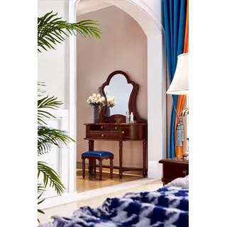 Klassisch Möbel Massivholz 2tlg Luxus Schminktisch Hocker Schlafzimmer Möbel Neu - Braun