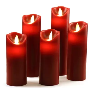 OSHINE LED Kerzen, Flammenlose Kerzen 300 Stunden Dekorations-Kerzen-Säulen im 5er Set (10,2 cm 12,7 cm 15,2 cm,17.8 cm,20.3 cm) rot Geeignet für Weihnachtsdekoration