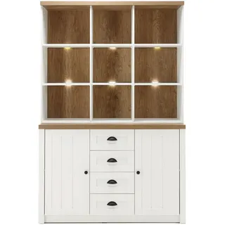 Furn.Design Buffetschrank weiß Pinie, Eiche hell Landhaus, Buffet 130 x 198 cm , Weiß, Eichefarben , Holzwerkstoff , Nachbildung,Pinie , 6 Fächer , 4 Schubladen , Sockel , 130x198x43 cm , FSC 100% , Esszimmer, Anrichten, Buffetschränke