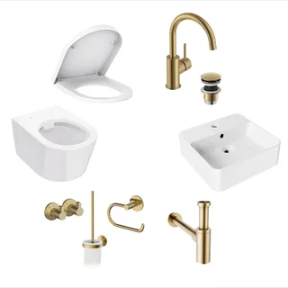 Lenz Gästebad-Set 8-teilig Gold – Wand-WC inkl. WC-Sitz mit Absenkautomatik, Waschtisch, sparsame Armatur, Siphon & Badaccessoire-Set