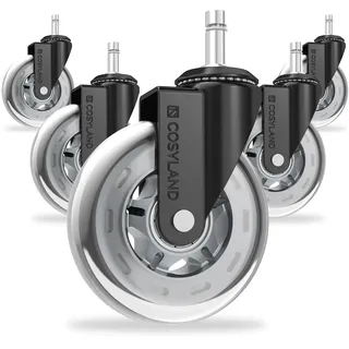 COSYLAND Bürostuhl Rollen 10mm x 22 mm - 5er Set Rollen für Bürostühle - Super Leise und Weiche für Hartböden, Parkett, Teppich, Laminat, Keine Bodenschutzmatte Nötig, Grau