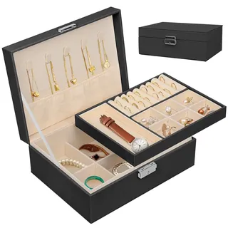 Ninonly Schmuckkästchen Schmuck Organizer für Frauen,Schmuckkästchen Damen PU-Leder Schmuckaufbewahrung, Zwei Schicht Schmuck Aufbewahrung Koffer, für Ohrringe Armbänder Ringe Uhren schwarz