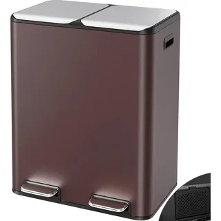 Doppel-Mülleimer 60 L - Tretmülleimer - Zwei Fächer - Edelstahl - Integrierter Filter - Rechteckig - 50,8×32,3×66 cm - Braun - Braun