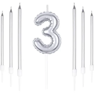 Silber 3rd Geburtstagskerze, Silber Zahl 3 Kerzen für Kuchen, Silber dünne Party Kerzen, Happy Birthday Kerzen, Silber Kuchen Kerzen Kuchen Toppers für Mädchen Jungen Frauen Männer Geburtstag Dekor