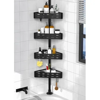 Kegii Teleskop Duschregal - Teleskopregal Bad Eckregal Dusche Duschablage Ohne Bohren Teleskopstange Dusche für Badezimmer Badewanne (Schwarz, 4 Körbe)