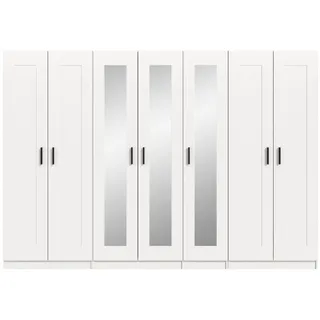 Inn.Furn Kleiderschrank in weiß 280 x 194 cm skandinavisch, Drehtürenschrank 7-türig mit Spiegel , Weiß , Holzwerkstoff , Nachbildung , 280x194x56 cm , Schlafzimmer, Kleiderschränke