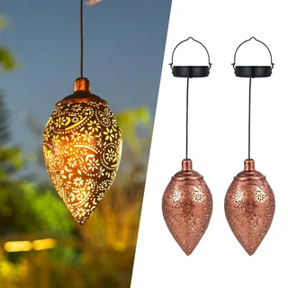 Görvitor Solarlaterne für Außen 2 Stück, Metall Solar Laternen für Draußen Wasserdicht IP65, Warmweiß Paisley Solarlampen für Außen Gartendeko Hängend für Balkon Garten (Olivenform)