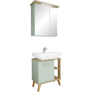 Saphir Badmöbel-Set "Quickset 2-teilig, Waschbeckenunterschrank mit LED-Spiegelschrank" 2 Stk. tlg., riviera eiche, salbei nachbildung
