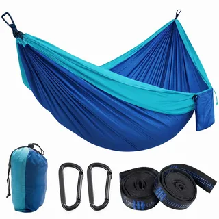 Camping Hängematte Outdoor, Ultraleichte Fallschirm Hängematte mit Karabinern und Baumgurten, Campingausrüstung für Kinder, 210T Nylon Reisebaum Hängematten für Garten Strand, 270 x 140 cm(Blau)