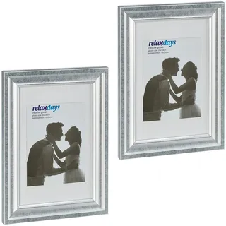 Relaxdays Bilderrahmen 2er Set, 20x30 cm, Hoch- & Querformat, Fotorahmen zum Aufhängen, Hinstellen, Passepartout, silber