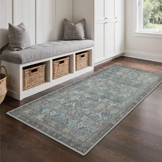 GENIMO Boho Vintage Teppich, Waschbar & rutschfest, Kurzflor Teppich für Schlafzimmer, Büro oder Esszimmer, Stilvoller Carpet, Antikes Marineblau, 80x150 cm