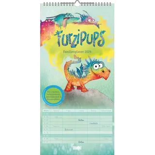 Neumann DUMONT - Familienplaner Furzipups der Knatterdrache 2026 – 22x45 cm – Wandkalender mit 5 Spalten & lustigen Illustrationen, Familienkalender für Kinder