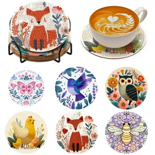 BNG Tiere Diamond Painting Untersetzer Mit Halter, 6 Stück DIY Bastel Untersetzer für Erwachsene, Kunstmalerei Sets für Frauen, Anfänger, Diamant Bastelzubehör