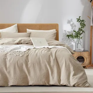 Freyamy Bettwäsche 135x200cm 2teilig Beige Unifarben Einfarbig Bettwäsche Gewaschene Microfaser Weiche Bettwaren-Sets Uni Elegant Bettbezug mit Reißverschluss und Kissenbezug 80x80cm