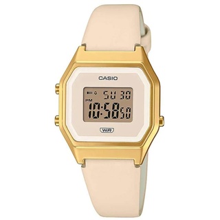 Casio Damen Quartz Armbanduhr, 29.00mm Gehäusegröße mit cremefarben digital Zifferblatt und cremefarben Lederarmband Armband LA680WEGL-4EF