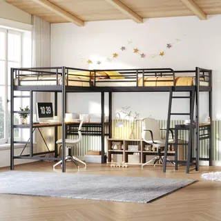MODFU Hochbett 90 × 200 Metall-Etagenbett mit Schreibtisch unter dem Bett, hohes Sicherheitsgeländer und Doppeltreppe, Jugendbett ohne Matratze, Schwarz - Schwarz