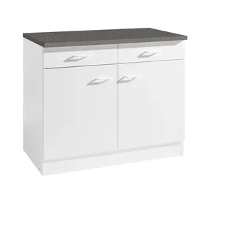 Küchen Unterschrank Start 100 cm breit 50 cm tief in weiß mit 2 Schubladen und Arbeitsplatte - Weiß