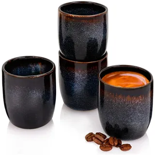 Sänger Espressobecher Tokio 4 tgl, Espresso Cups 4 Personen, Steingut | Espressotassen Set Spülmaschinenfest, Mokkatassen Handmade Blau-Schwarz mit Braunen Akzenten 70 ml