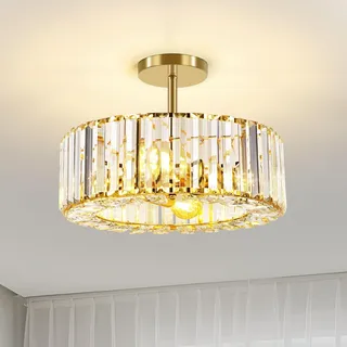 FRIDEKO HOME Modern Kristall Deckenleuchte Gold,4 Flammige Groß Rund Kronleuchter Kristall Lampenschirm Metall Deckenlampe E27 für Schlafzimmer Wohnzimmer Esszimmer Küche Flur,Ø37cm