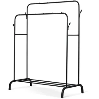 Massido Kleiderständer Garderobenständer aus Metall Leicht Schuhablage 2 Stangen 4 Haken 10 kg Belastbar Schwarz