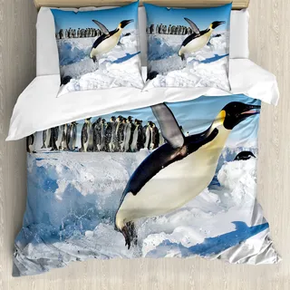ABAKUHAUS Pinguin Bettbezug, Detaillierte Arctic Foto, Milbensicher Allergiker geeignet mit Kissenbezügen, 200 cm x 200 cm - 80 x 80 cm, Mehrfarbig
