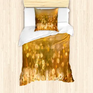 ABAKUHAUS Löwenzahn Mantele, Vintage Frühlings-Sonnenuntergang, Milbensicher Allergiker geeignet mit Kissenbezügen, 135 cm x 200 cm - 80 x 80 cm, Pale Orange Grün Braun