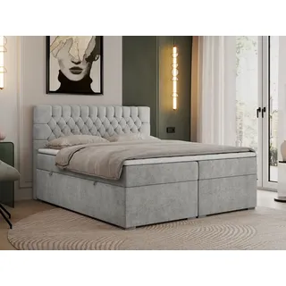 MKS Meble Boxspringbett 160x200 mit Matratze und Topper, Boxspringbett 160x200 mit Bettkasten und Kopfteil - PERA - 160x200 - Hellgrau - Struktur - H3 - Grau