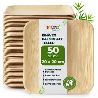 FOOGO Green Palmblatt-Teller eckig 50 Stück 20x20 cm Einweggeschirr | kompostierbar & naturbelassen – extra stabil & fettresistent – nachhaltiges Einweggeschirr für Party & BBQ
