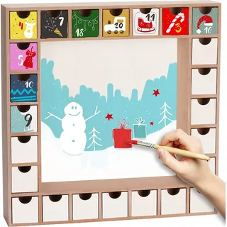 BRUBAKER Wiederverwendbarer Adventskalender zum Befüllen mit 24 Schubladen - DIY Weihnachtskalender zum Bemalen, Basteln und Selbstgestalten - Blanko - 33 cm Höhe - Beige