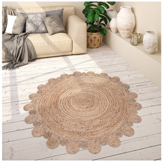 Paco Home Teppich rund, 13 mm Höhe, handgefertigter Natur-Teppich, Jute, Boho, Ethno Muster Modern Handgefertigt 100 cm Rund, Farbe:Natur 2