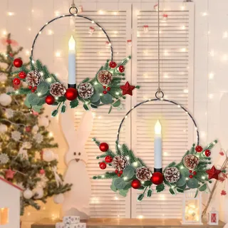 Dremisland 2er Set LED Dekokranz Prelit Weihnachtskranz mit Beleuchtetem Kerzen Lichtern Türkranz für Haustür Tannenkranz Adventskranz Bauernhaus Winter Kranz Weihnachtsdeko Innen Außen Wand