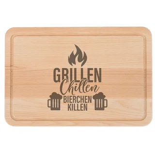 Großes Brotzeitbrett, Schneidebrett aus Buchenholz, mit Gravur 'Grillen', 30x20x1,5cm und Saftrille. Geölte Oberfläche hochwertige Lasergravur (Grillen, Chillen, Bierchen)