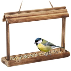 Relaxdays Vogelfutterhaus Holz, zum Aufhängen, HBT: 23,5 x 32 x 7,5 cm, Garten, Vogelfutterspender für Kleinvögel, braun