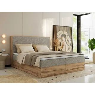 MKS Meble Boxspringbett WOOD CLASSIC, Komplett Set mit Multipocket-Matratze und Topper, Doppelbett für Schlafzimmer, hohe Kopfteil - 180 x 200 cm - H3 - Dunkelbeige Struktur - Beige