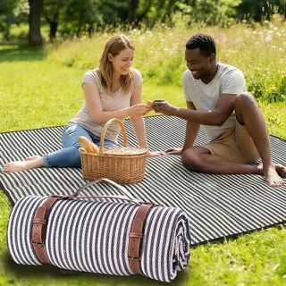 WANTOUTH Picknickdecke 150x200cm Wasserdicht Extra Große Stranddecke Campingdecke mit Tragegriff 3-lagig Isoliert Sanddichte Streifen Picknickdecke Picknickdecken für Outdoor Picknick Strand Park