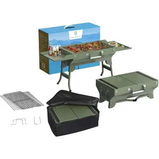 STR Appliances Tragbarer Camping Grill, Faltbare Holzkohlegrills, Tischgrill Holzkohle für Reisen 45x31 cm, Tischgrill Campinggrill für Outdoor Kochen, Camping und Picknick (Army Green)