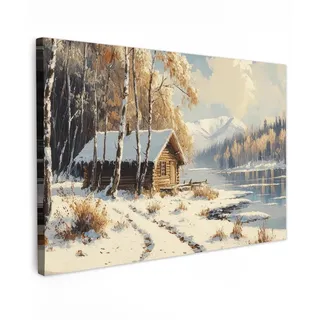 MuchoWow Leinwandbild Winter - Schnee - Zuhause - Natur Wanddeko 90x60 cm , Hellbraun , Textil , Kiefer , Rechteckig , 90x60 cm , FSC 100% , gerahmt , Bilder & Rahmen, Bilder, Leinwandbilder
