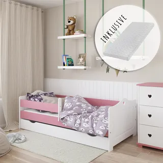 Kinderbett 80x160 80x180 90x200 Holz mit Matratze, Rausfallschutz, Schublade & Lattenrost in weiß und pink 160 x 80 Mädchen Bett Skandi Herz - Weiß