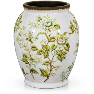 Hollyone Vintage Vase, Grün und Weiß Retro Keramikvase, Rustikale Vasen Chinoiserie-Blumenvase Deko Vasen für Pampasgras, Bauernhaus, Wohnkultur, Tischdeko, Wohnzimmer, Schlafzimmer, Regal