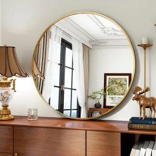 Koonmi runder Wandspiegel 80 cm, Metallrahmen, Gold