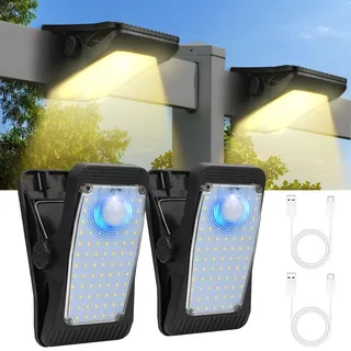 HOTUT Solarlampen für Außen mit Bewegungsmelder, 2 Stück Clip-on Solarleuchten, IP65 Wasserdicht Solarleuchten für Außen, 73 LEDs & USB, Solar Lampe Outdoor für Terrasse, Veranda, Garage, Hof
