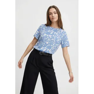 Shirtbluse ONLY CARMAKOMA "CARVICA SS TOP WVN NOOS", Damen, Gr. 42, blau (riviera aop:forest flower), Web, Obermaterial: 97% Polyester, 3% Elasthan, bedruckt, regular fit normal, Rundhals, Blusen Shirtbluse, Materialmix, regular fit
