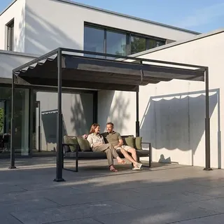 3x4 m Metall Pergola wasserdicht stabil Winterfest,Pavillon mit lamellendach,Sonnenschutz überdachung freistehend mit Schiebedach für Gärten und Terrassen,Schwarz - Schwarz