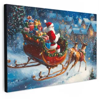 MuchoWow Leinwandbild Weihnachtsmann - Rentier - Weihnachten - Schnee Wanddeko 90x60 cm , Cognac , Textil , Kiefer , Rechteckig , 90x60 cm , FSC 100% , gerahmt , Bilder & Rahmen, Bilder, Leinwandbilder