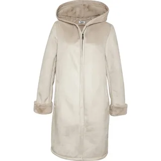 Lederimitatmantel BUFFALO "aus weichem Velourlederimitat mit flauschiger Innenseite", Damen, Gr. 44, beige, Velours, Obermaterial: 100% Polyester. Futter: 100% Polyester, unifarben, gerade kniefrei, ohne Ausschnitt, Mäntel Lederimitatmantel, Übergangsmantel, Kurzmantel mit Kapuze, weiches Fellimitat innen