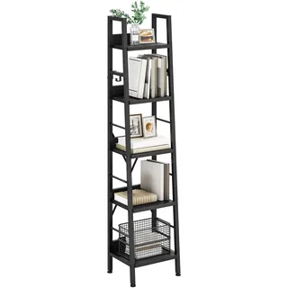 YITAHOME Bücherregal mit 5 Ebenen, industrielles Leiterregal, freistehendes Holzregale und Metallrahmen, modernes Regal für Wohnzimmer, Flur, Büro, schwarzes