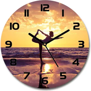 Wanduhr aus Glas 30fi Glasbild Glasuhr Gehärtetes Glas - schwarze-zeiger - Yoga on the beach - Gelb